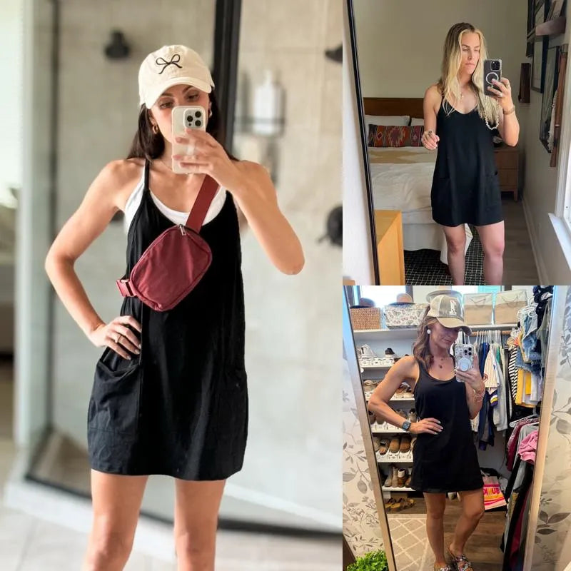 Lena – V-Neck Mini Dress with Built-In Shorts & Pockets