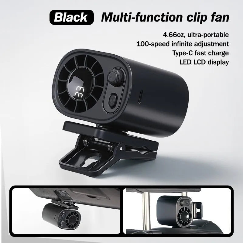 Car Clip On Fan  with LED Display 360° Rotation 100 Speeds Adjustable USB Rechargeable