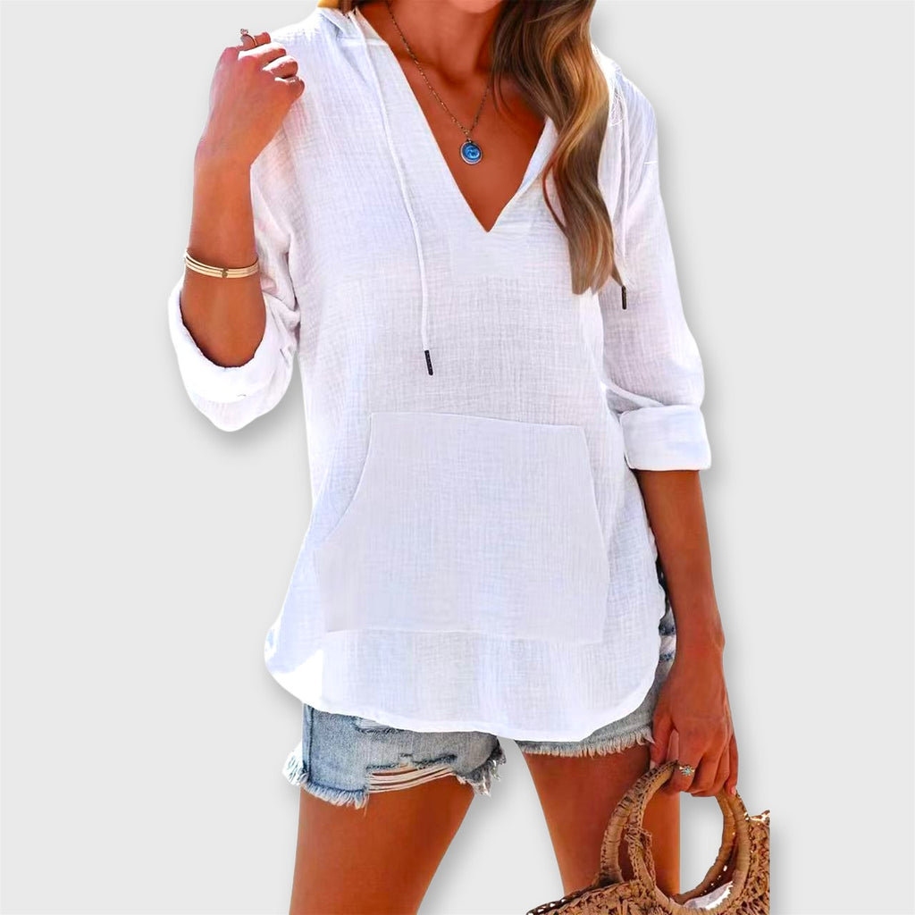 Cleo – Pocketed V-Neck Hooded Shirt