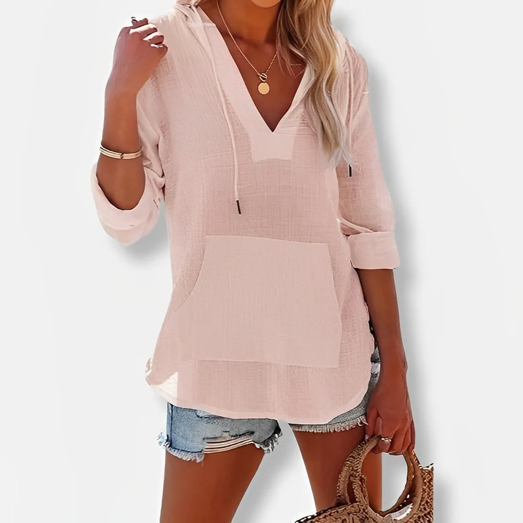Cleo – Pocketed V-Neck Hooded Shirt