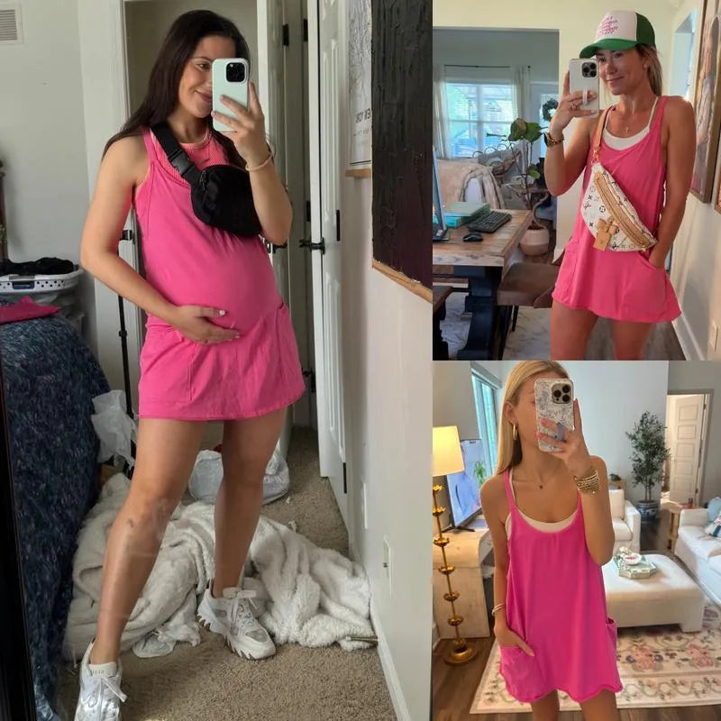 Lena – V-Neck Mini Dress with Built-In Shorts & Pockets