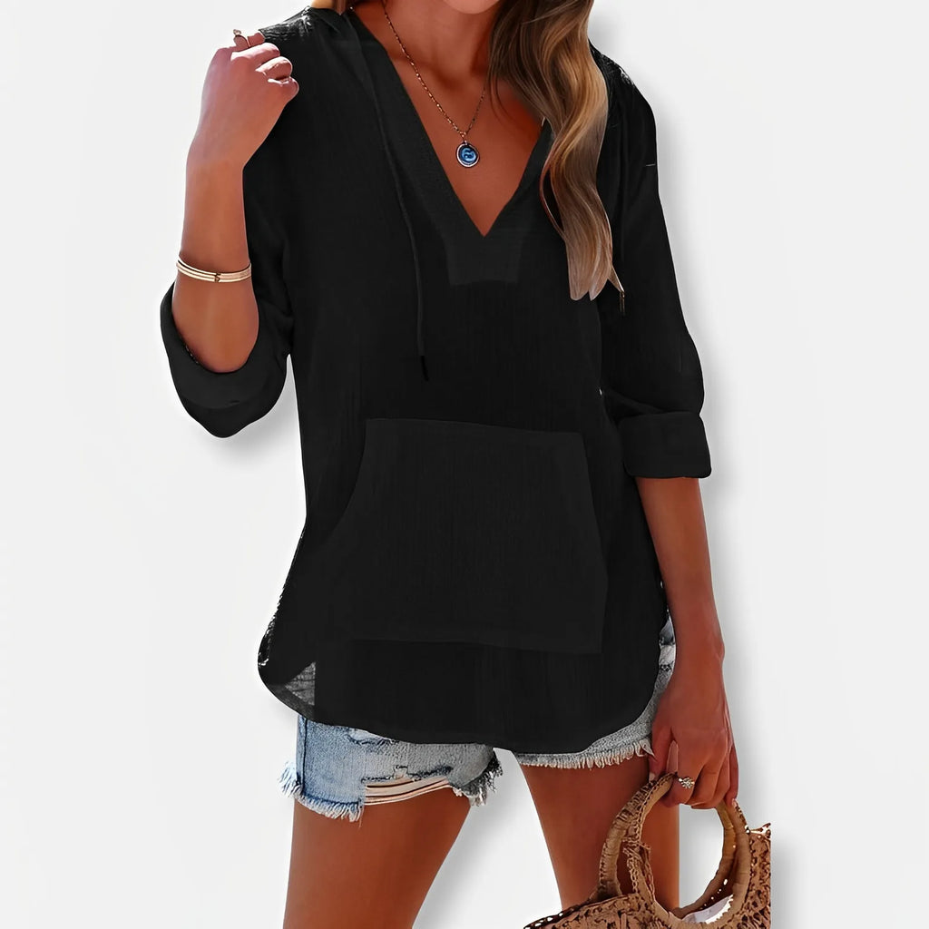 Cleo – Pocketed V-Neck Hooded Shirt