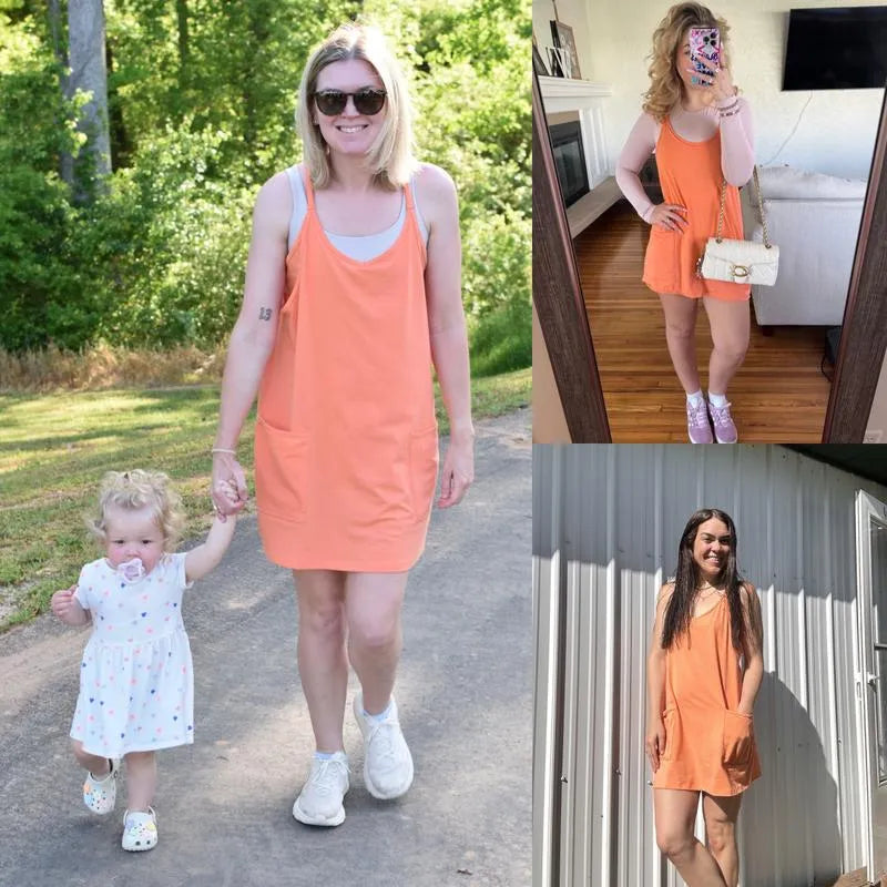 Lena – V-Neck Mini Dress with Built-In Shorts & Pockets