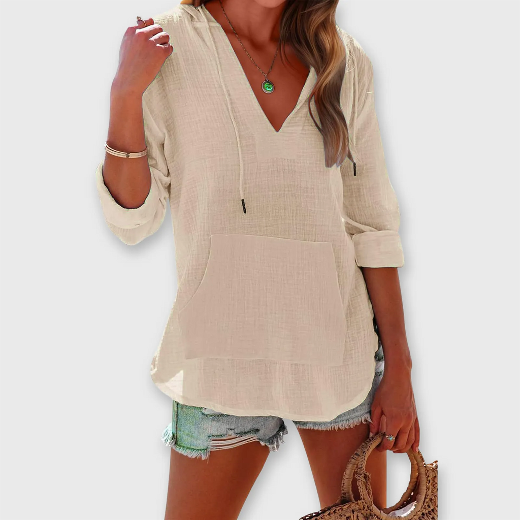 Cleo – Pocketed V-Neck Hooded Shirt
